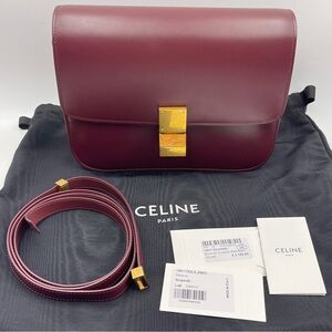 Authentic Celine Medium Classic Box Flap leather Bag Burgundy women’s